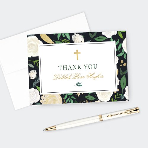 Black Green Gold Floral Watercolor First Communion Thank You Card
