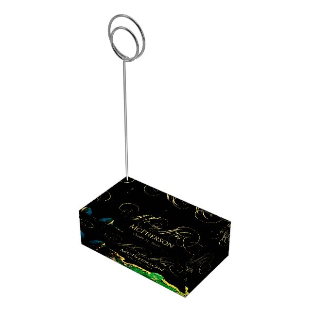 Black Green Gold Formal Wedding Place Card Holder (Corner)