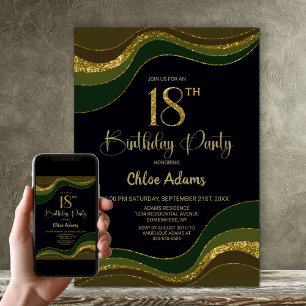 Black Green Gold Glitter 18th Birthday Party Invitation