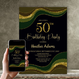 Black Green Gold Glitter 50th Birthday Party Invitation