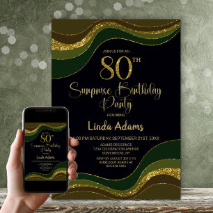 Black Green Gold Glitter Surprise 80th Birthday Invitation
