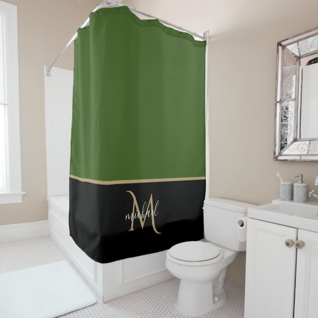 Black | Green & Gold Monogram Elegant Luxury  Shower Curtain (In Situ)