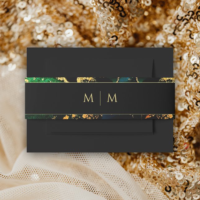Black Green Gold Monogrammed Wedding  Invitation Belly Band (Black Green Gold Monogrammed Wedding Invitation Belly Band)