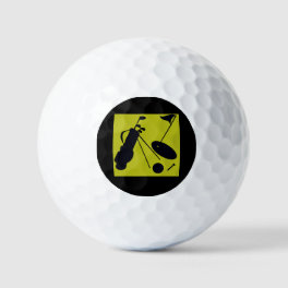 Black & green golf tee, clubs , flag on golf balls
