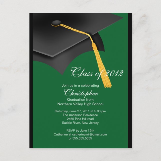 Black Green Grad Cap Graduation Party Invitation (Front)