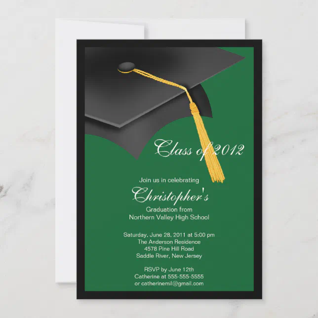 Black Green Grad Cap Graduation Party Invitation Zazzle 7543