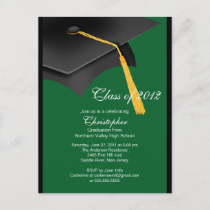 Black Green Grad Cap Graduation Party Invitation Postcard