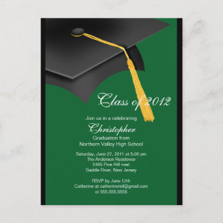 Black Green Grad Cap Graduation Party Invitation Postcard