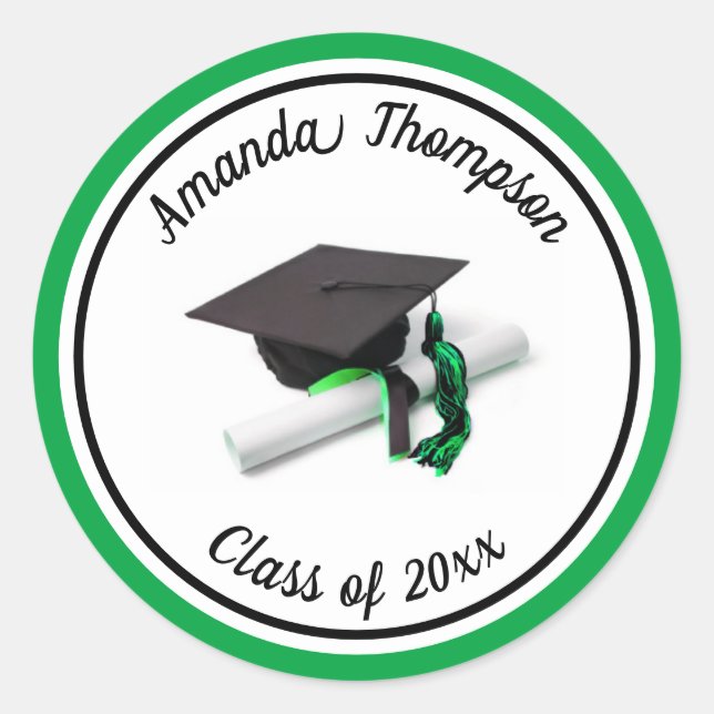 Black Green Graduation Cap and Tassel Classic Round Sticker (Front)
