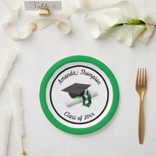 Black Green Graduation Cap and Tassel  Custom Paper Plates