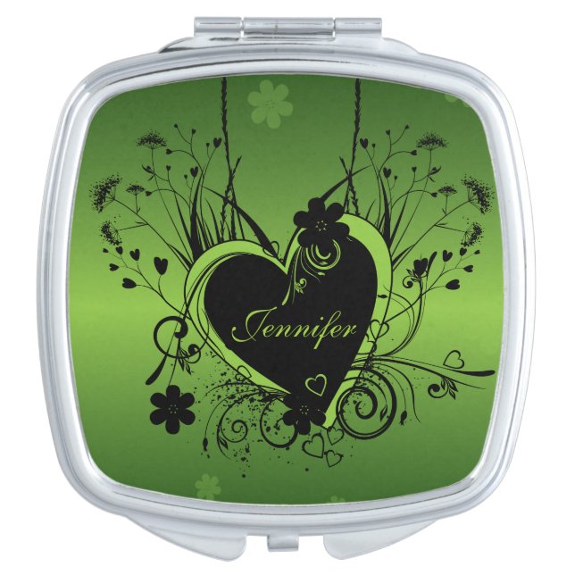 Black Green heart Mirror For Makeup (Front)