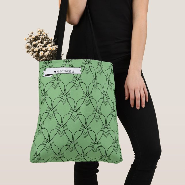 Black & Green Heart Pattern Coloring Go-Bag Tote Bag (Close Up)