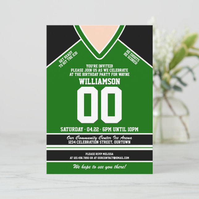 Black/Green Hockey Jersey Birthday Party Invitation (Standing Front)