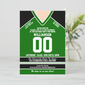 Black/Green Hockey Jersey Birthday Party Invitation