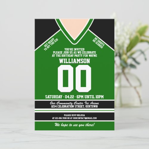 BlackGreen Hockey Jersey Birthday Party Invitation
