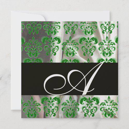 BLACK GREEN ICE WHITE SILK DAMASK CLOTH MONOGRAM INVITATION