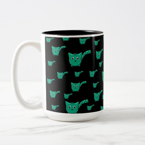 Black  Green Kitty Pattern Two_Tone Coffee Mug