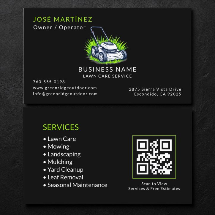 Black Green Lawn Care And Service QR Code Business Card