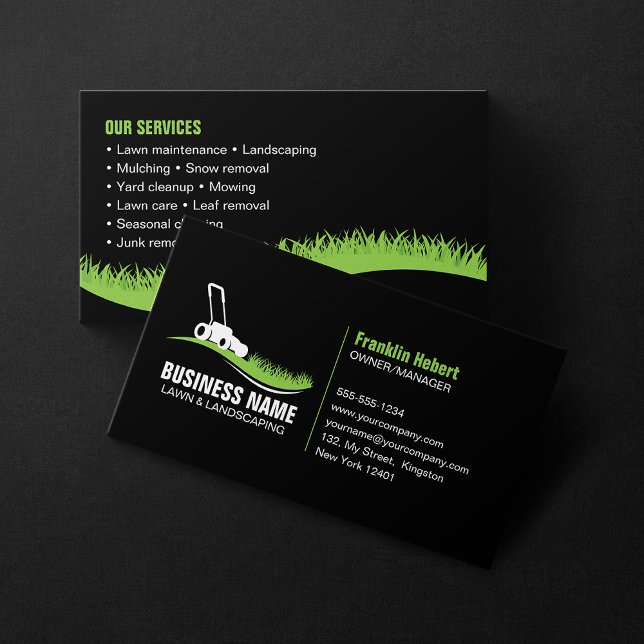 Black Green Lawn care Landscaping mowing Service Business Card (Creator Uploaded)