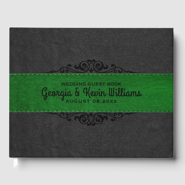 Black & Green Leather Black Floral Accent Guest Book (Front)