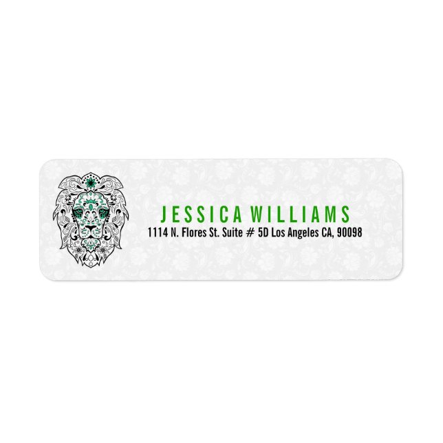 Black & Green Lion Sugar Skull On White Label (Front)