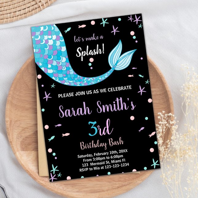 Black Green Mermaid Tail Birthday Invitations (Black Green Mermaid Tail Birthday Invitations)