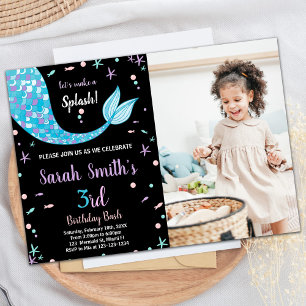 Black Green Mermaid Tail Birthday with photo Invitation