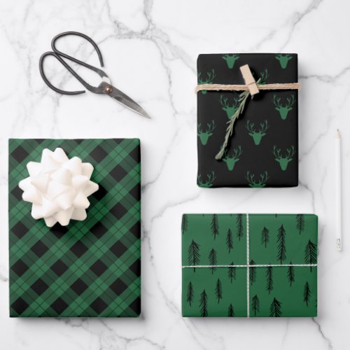 Black Green Mixed Rustic Patterns Deer Woods Plaid Wrapping Paper Sheets