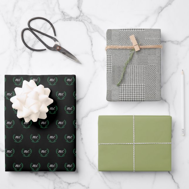 Black Green Modern Dear Antlers Monogrammed Wrapping Paper Sheets (Front)