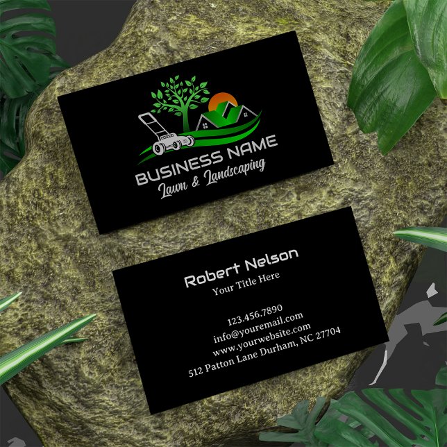 Black Green Modern Lawn Care Landscaping Business Card (Creator Uploaded)