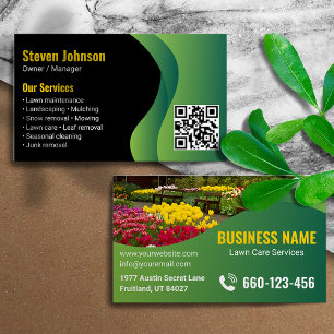 Black Green Modern Lawn Care Landscaping QR Code Business Card