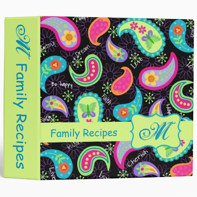 Black & Green Modern Paisley Pattern Monogram Binder (Front/Spine)