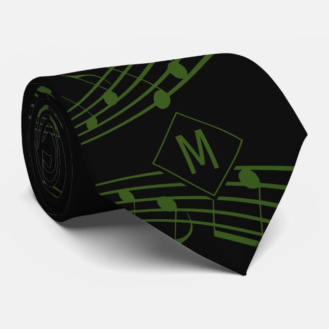 Black Green Monogram MUSICAL NOTES Neck Tie (Rolled)