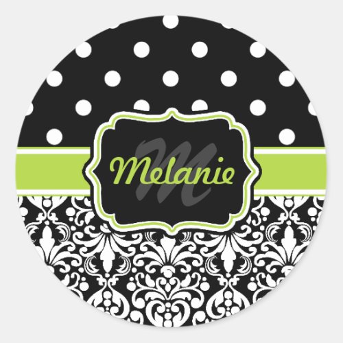 Black Green Monogrammed Damask Polka Dots Pattern Classic Round Sticker