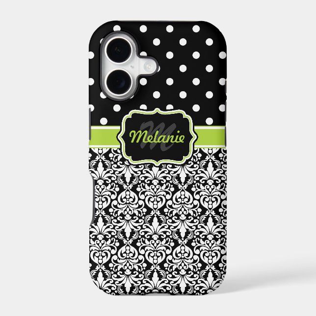 Black Green Monogrammed Damask Polka Dots Pattern Iphone Case (Back)