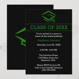 Black Green Mortarboard Simple Graduation Party Invitation