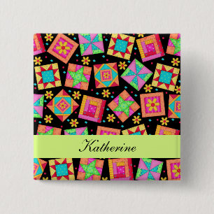 Black Green Patchwork Quilt Blocks Name Badge Pinback Button