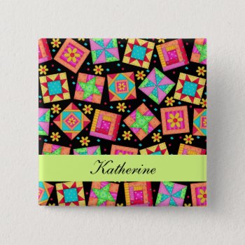 Black Green Patchwork Quilt Blocks Name Badge Pinback Button by phyllisdobbs at Zazzle