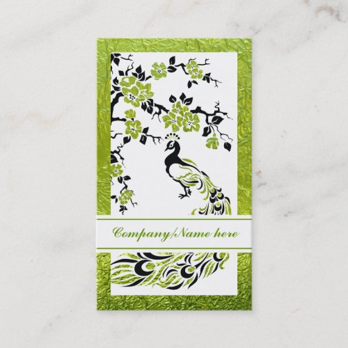 Black green peacock and cherry blossoms business card