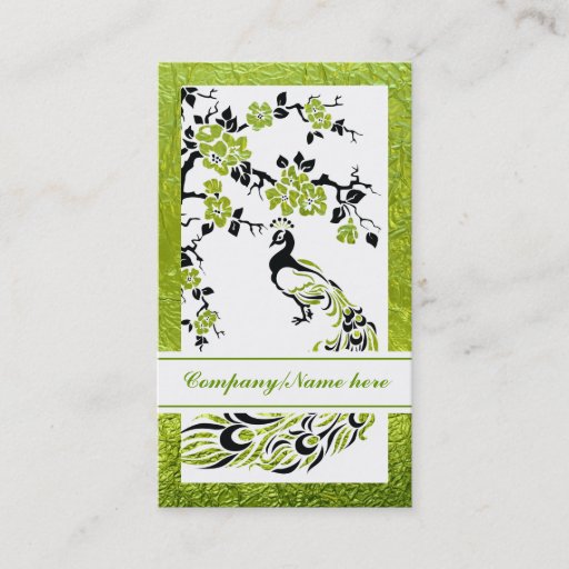 Customizable Black, green peacock and cherry blossoms business card template