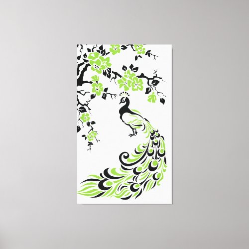 Black green peacock and cherry blossoms custom canvas print