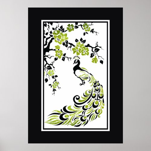 Black green peacock and cherry blossoms poster