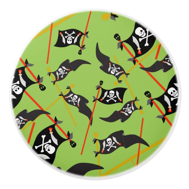 Black Green Pirate Flag Skulls White Bones Raiding Ceramic Knob (Front)