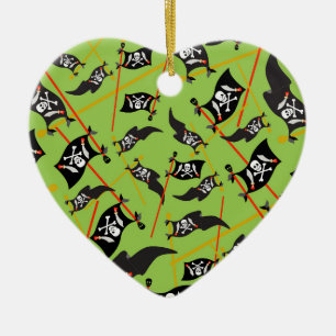 Black Green Pirate Flag Skulls White Bones Raiding Ceramic Ornament
