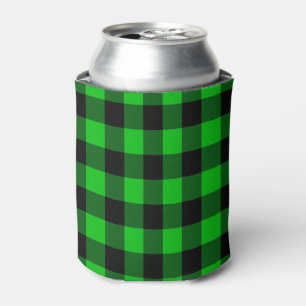 Black Green Plaid Check Can Cooler
