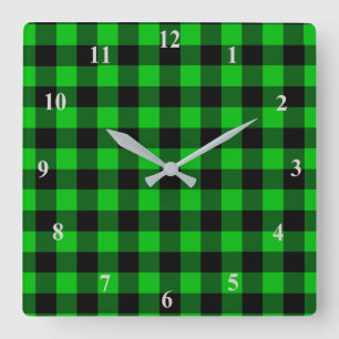 Black & Green Plaid Checked Square Wall Clock
