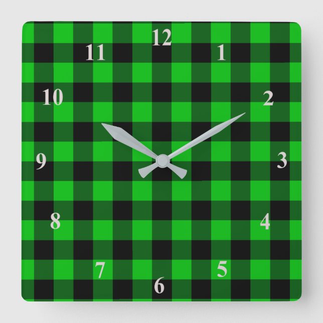 Black & Green Plaid Checked Square Wall Clock (Front)