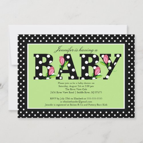 Black Green Polka Dot "baby"  Baby Shower Custom Invitation