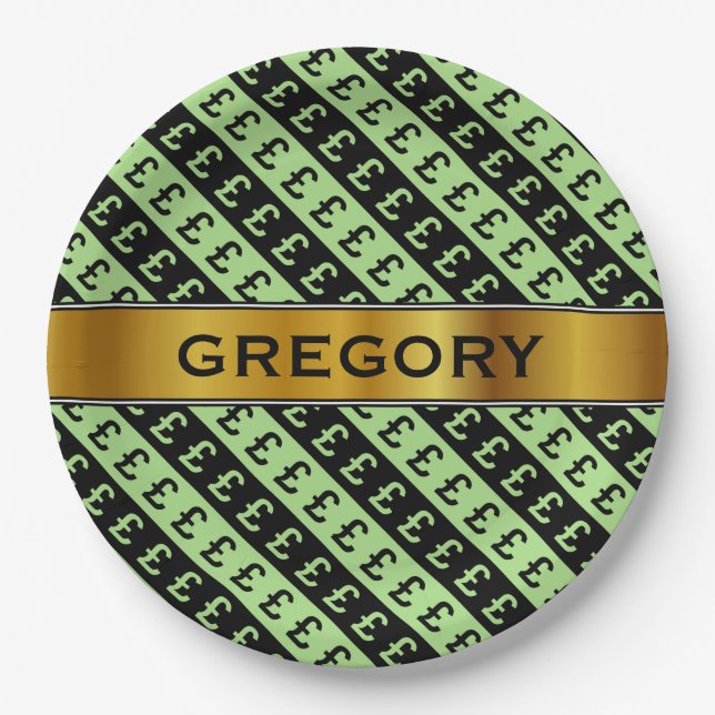 Black & Green Pound Signs (£) Striped Pattern Paper Plates (Front)