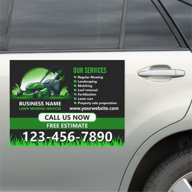 Black Green Professional Lawn Care Landscaping Car Magnet (In Situ)
